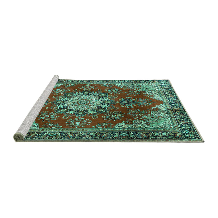 Sideview of Machine Washable Persian Turquoise Traditional Area Rugs, wshtr3681turq