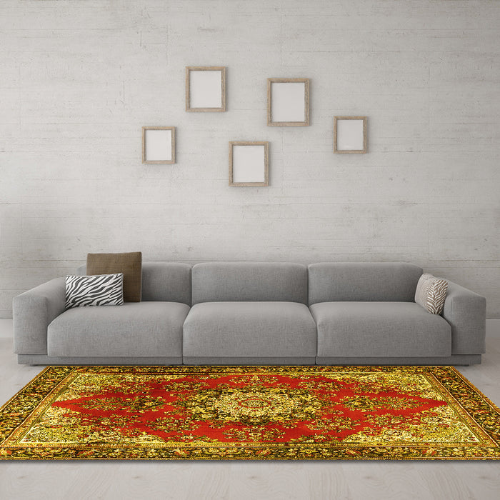 Machine Washable Persian Yellow Traditional Rug in a Living Room, wshtr3681yw