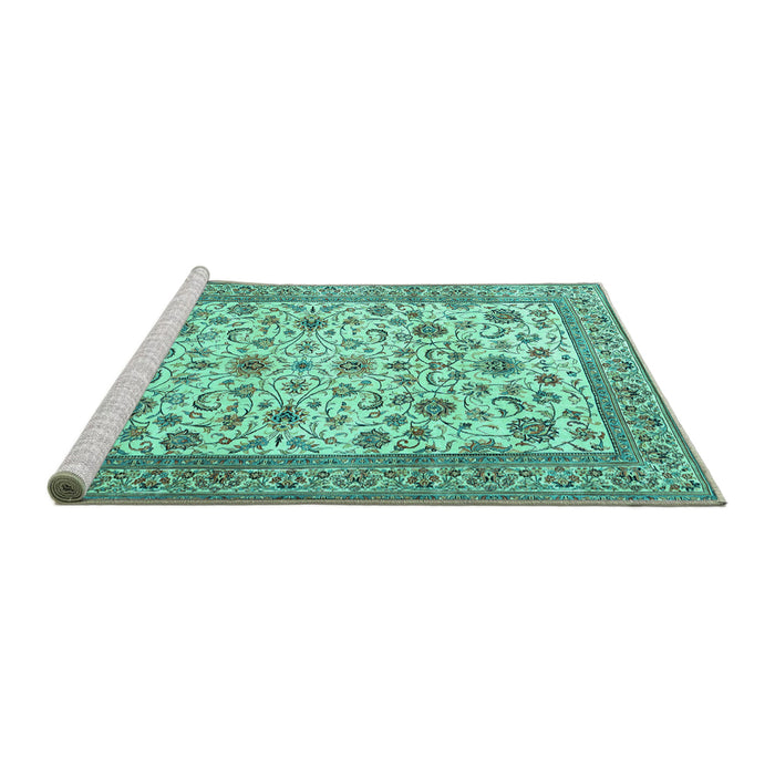 Sideview of Machine Washable Persian Turquoise Traditional Area Rugs, wshtr3682turq