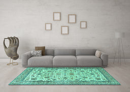 Machine Washable Persian Turquoise Traditional Area Rugs in a Living Room,, wshtr3682turq