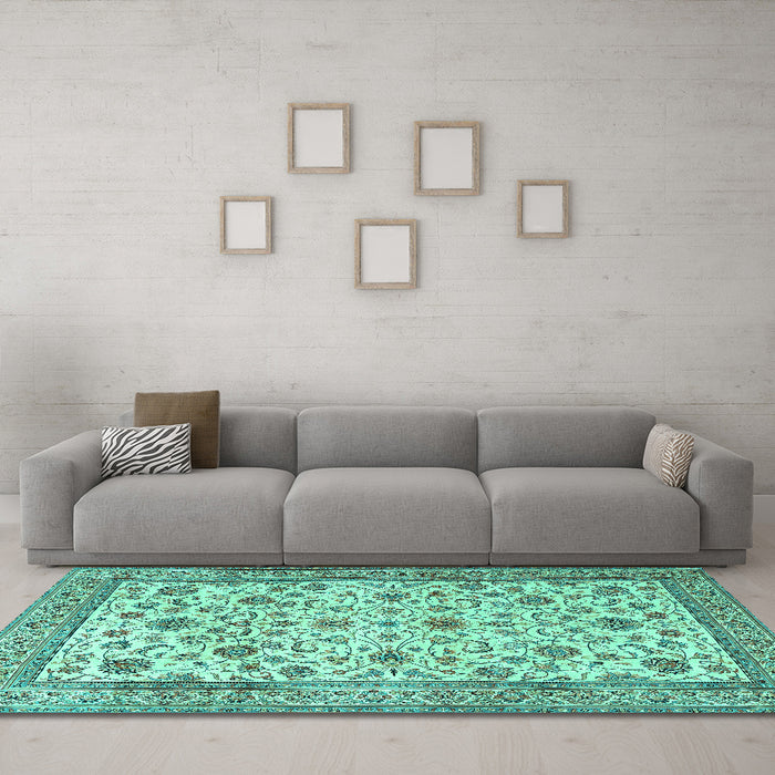 Machine Washable Persian Turquoise Traditional Area Rugs in a Living Room,, wshtr3682turq