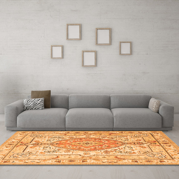 Machine Washable Medallion Orange Traditional Area Rugs in a Living Room, wshtr3683org