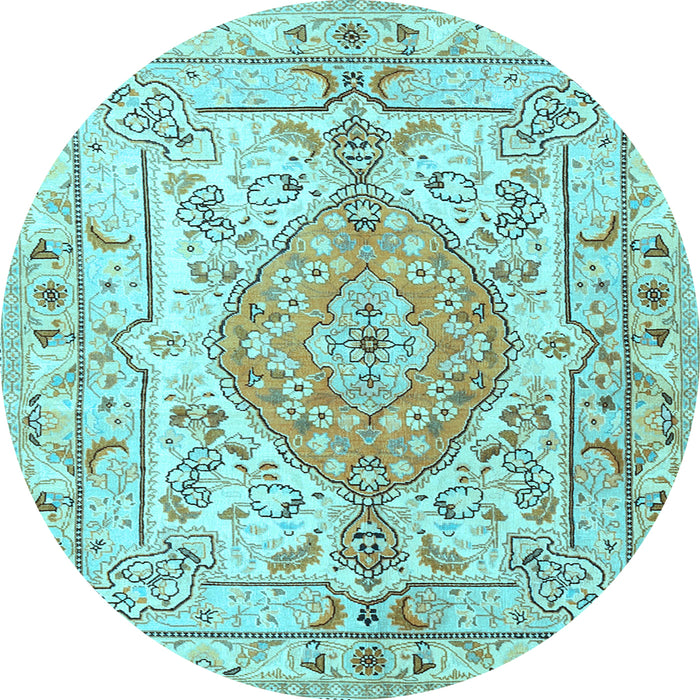 Round Machine Washable Medallion Light Blue Traditional Rug, wshtr3683lblu