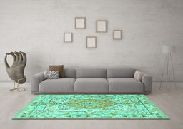 Machine Washable Medallion Turquoise Traditional Area Rugs in a Living Room,, wshtr3683turq