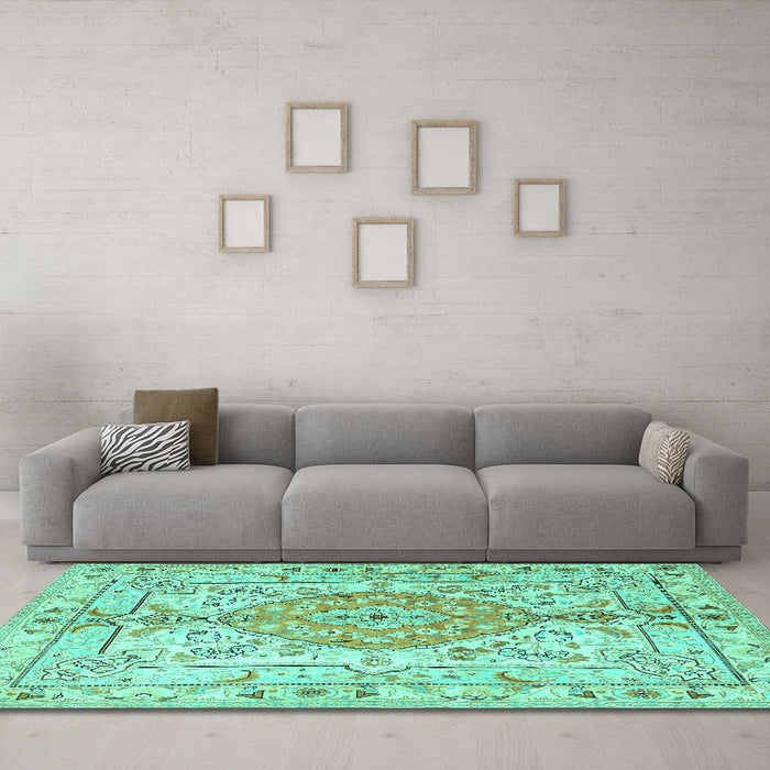 Machine Washable Medallion Turquoise Traditional Area Rugs in a Living Room,, wshtr3683turq