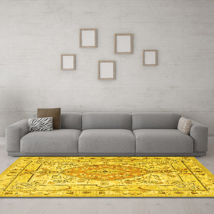 Machine Washable Medallion Yellow Traditional Rug in a Living Room, wshtr3683yw