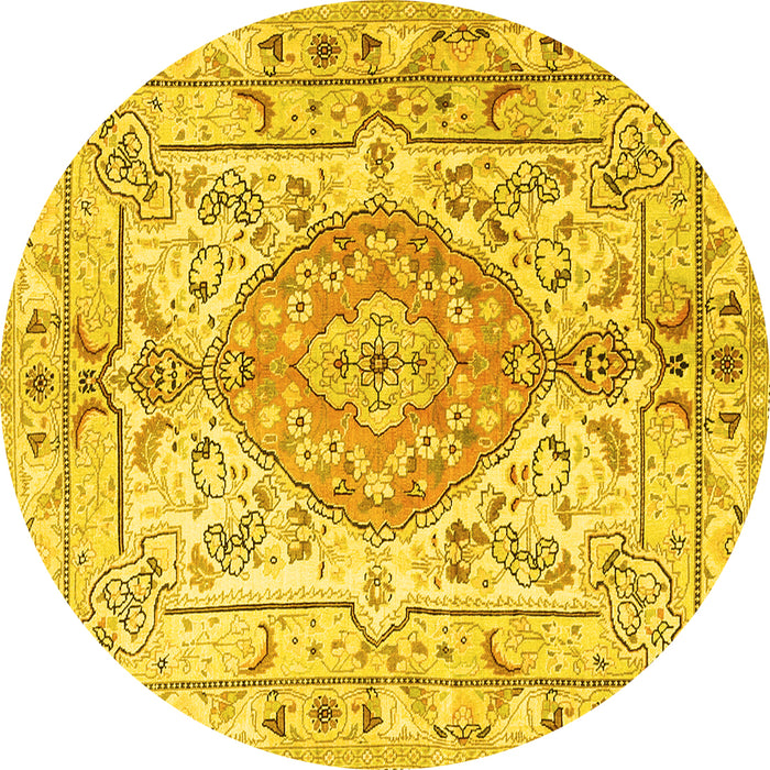 Round Machine Washable Medallion Yellow Traditional Rug, wshtr3683yw