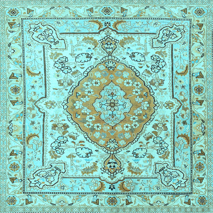 Square Machine Washable Medallion Light Blue Traditional Rug, wshtr3683lblu