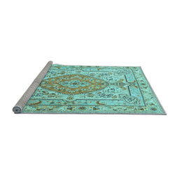 Sideview of Machine Washable Medallion Light Blue Traditional Rug, wshtr3683lblu