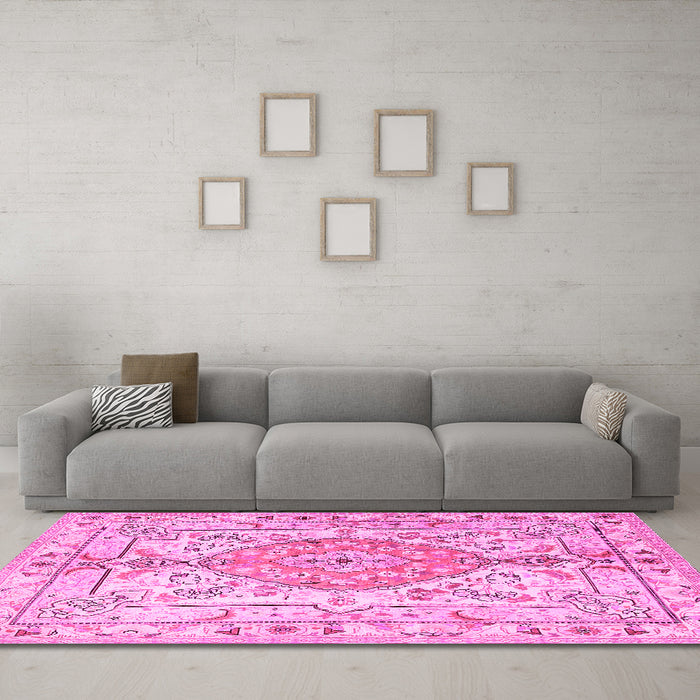 Machine Washable Medallion Pink Traditional Rug in a Living Room, wshtr3683pnk