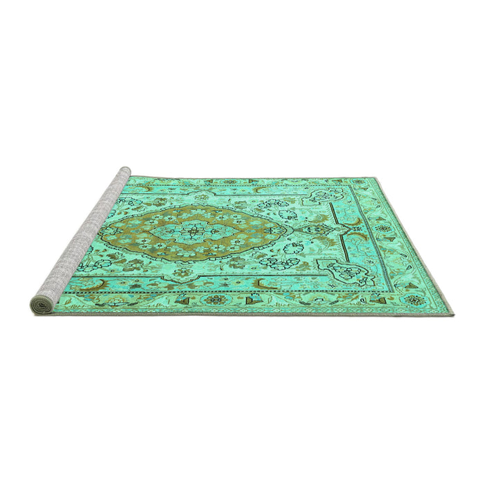 Sideview of Machine Washable Medallion Turquoise Traditional Area Rugs, wshtr3683turq