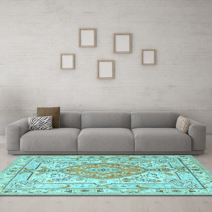 Machine Washable Medallion Light Blue Traditional Rug in a Living Room, wshtr3683lblu