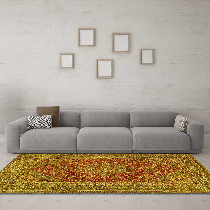 Machine Washable Persian Yellow Traditional Rug in a Living Room, wshtr3684yw