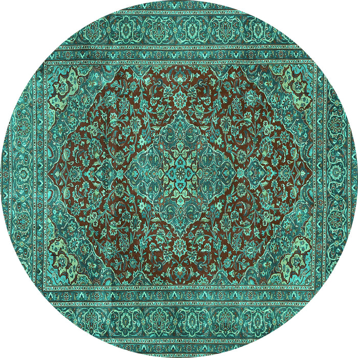 Round Machine Washable Persian Turquoise Traditional Area Rugs, wshtr3684turq