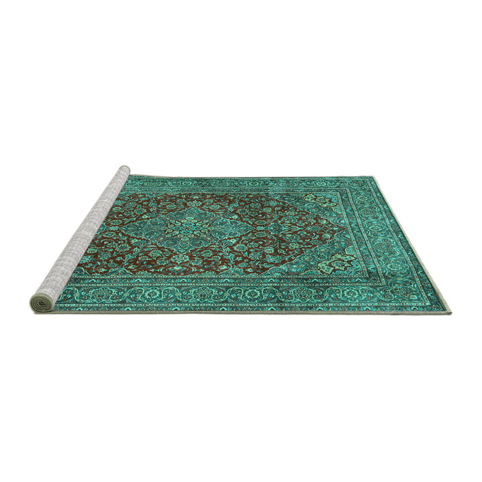Sideview of Machine Washable Persian Turquoise Traditional Area Rugs, wshtr3684turq
