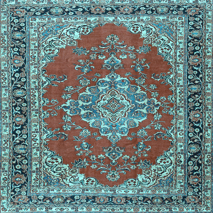 Square Machine Washable Medallion Light Blue Traditional Rug, wshtr3685lblu