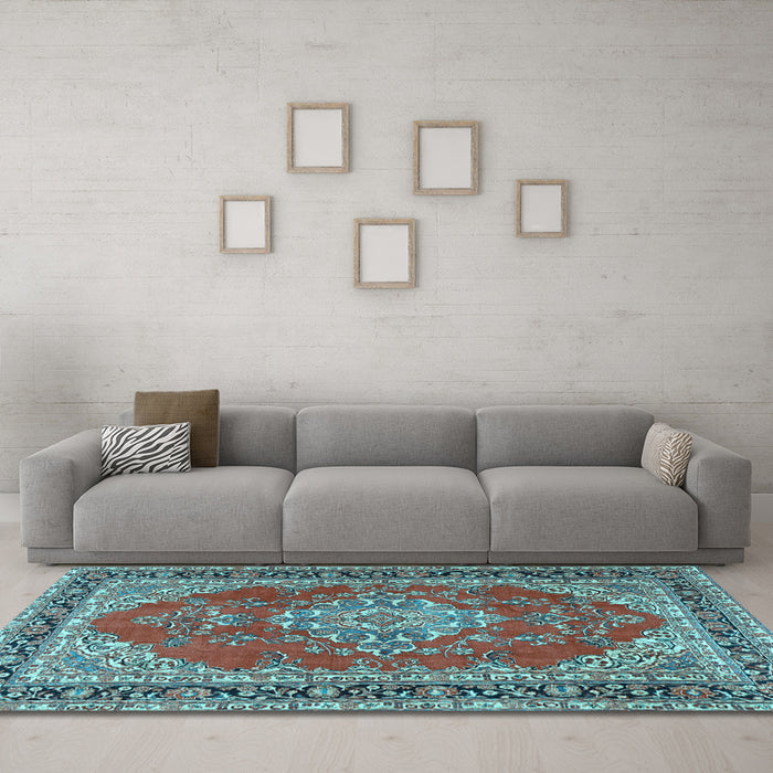Machine Washable Medallion Light Blue Traditional Rug in a Living Room, wshtr3685lblu