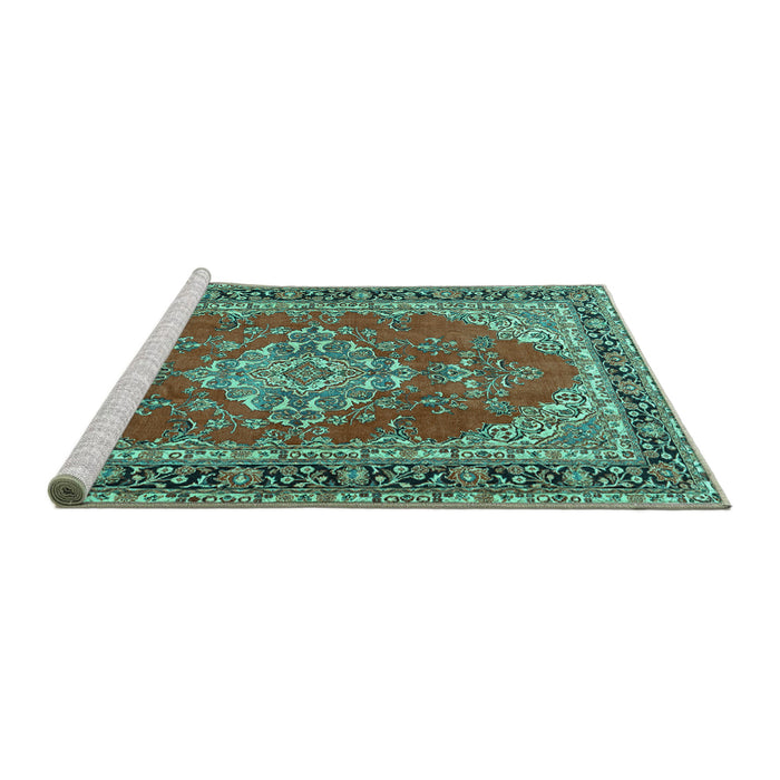 Sideview of Machine Washable Medallion Turquoise Traditional Area Rugs, wshtr3685turq