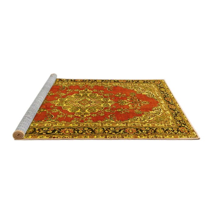 Sideview of Machine Washable Medallion Yellow Traditional Rug, wshtr3685yw