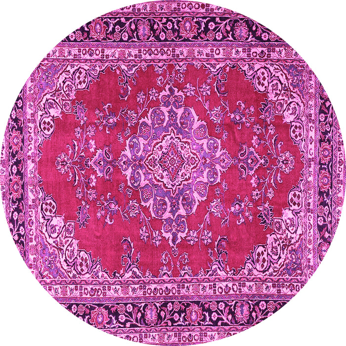 Round Machine Washable Medallion Pink Traditional Rug, wshtr3685pnk