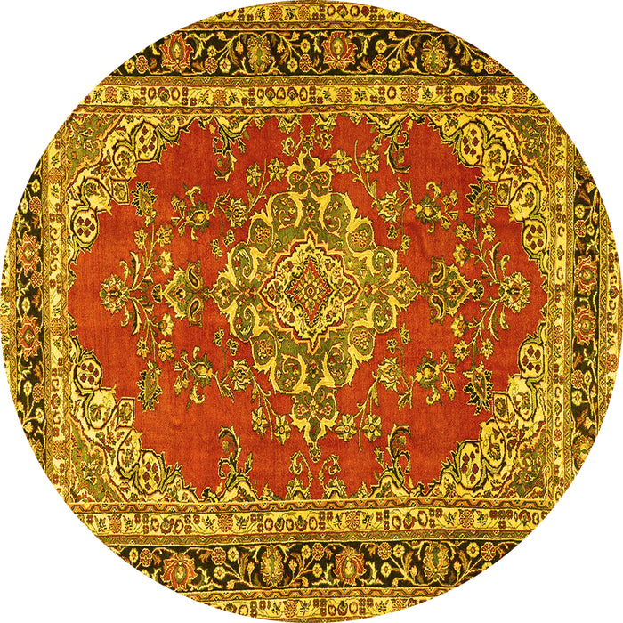 Round Machine Washable Medallion Yellow Traditional Rug, wshtr3685yw