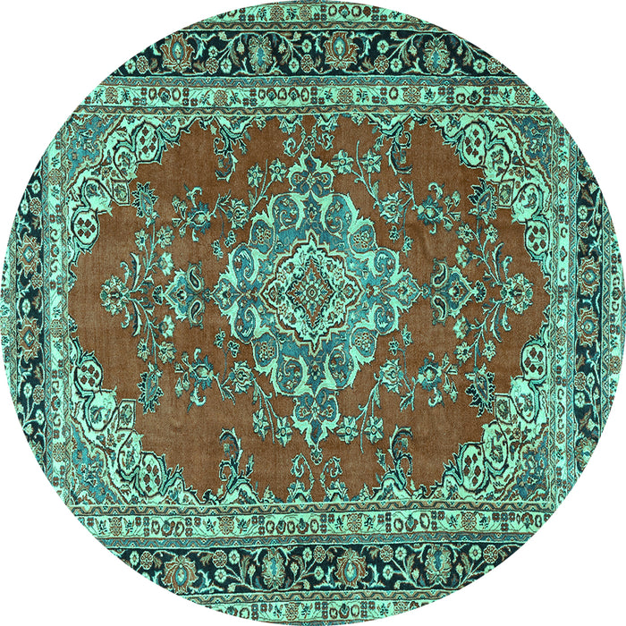 Round Machine Washable Medallion Turquoise Traditional Area Rugs, wshtr3685turq