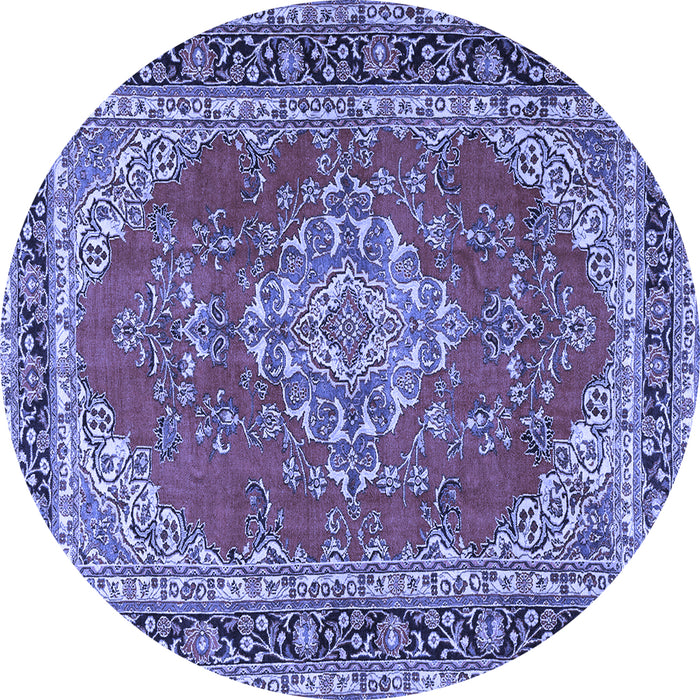 Round Machine Washable Medallion Blue Traditional Rug, wshtr3685blu