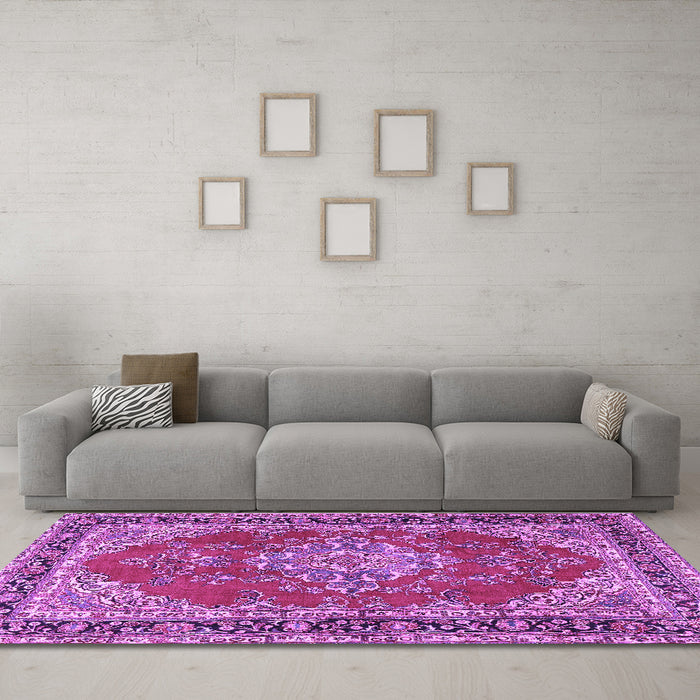 Machine Washable Medallion Purple Traditional Area Rugs in a Living Room, wshtr3685pur