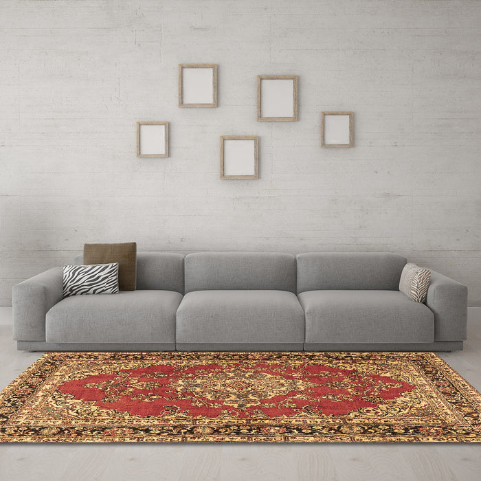 Machine Washable Medallion Brown Traditional Rug in a Living Room,, wshtr3685brn