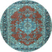 Round Machine Washable Medallion Light Blue Traditional Rug, wshtr3685lblu