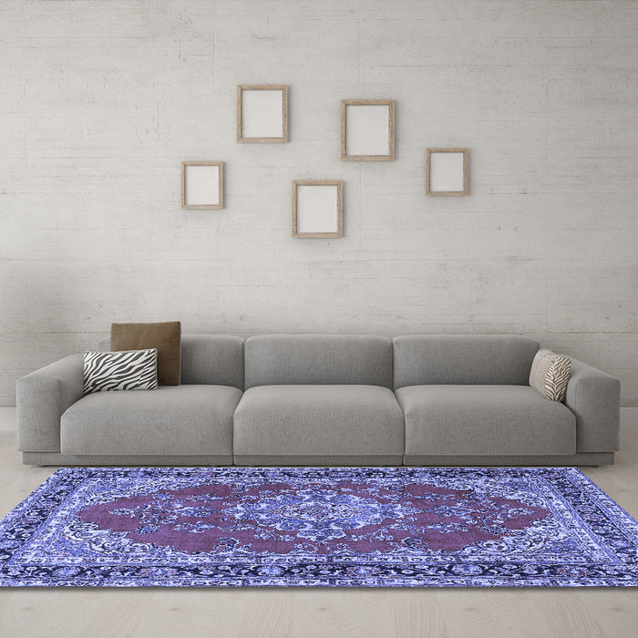 Machine Washable Medallion Blue Traditional Rug in a Living Room, wshtr3685blu