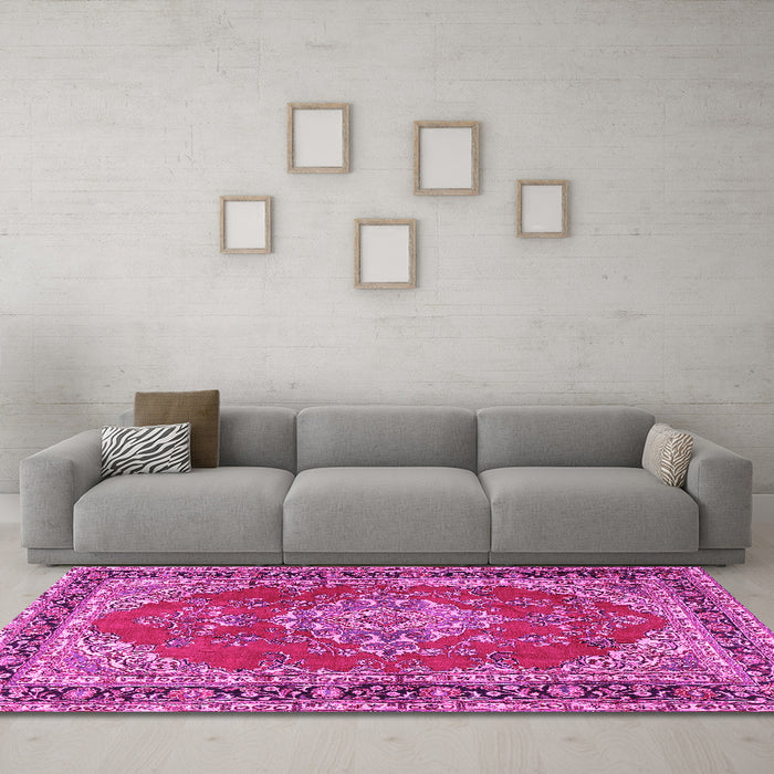 Machine Washable Medallion Pink Traditional Rug in a Living Room, wshtr3685pnk