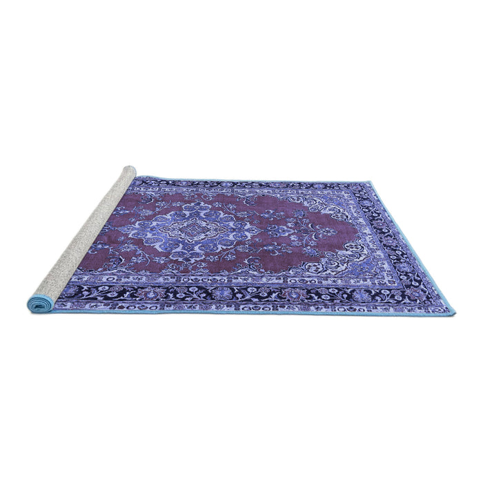 Sideview of Machine Washable Medallion Blue Traditional Rug, wshtr3685blu