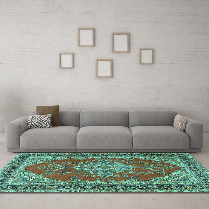 Machine Washable Medallion Turquoise Traditional Area Rugs in a Living Room,, wshtr3685turq
