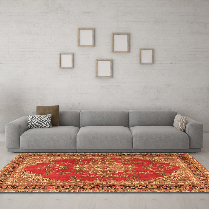 Machine Washable Medallion Orange Traditional Area Rugs in a Living Room, wshtr3685org