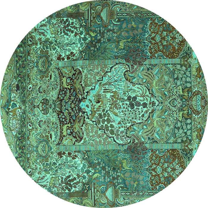 Round Machine Washable Persian Turquoise Traditional Area Rugs, wshtr3686turq