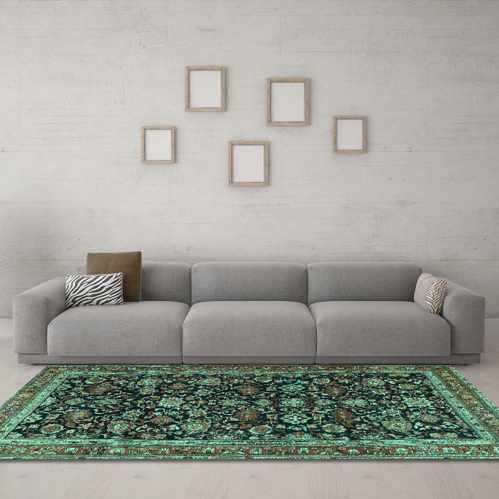 Machine Washable Persian Turquoise Traditional Area Rugs in a Living Room,, wshtr3687turq