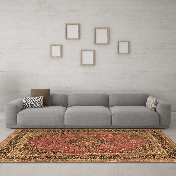 Machine Washable Medallion Brown Traditional Rug in a Living Room,, wshtr3688brn