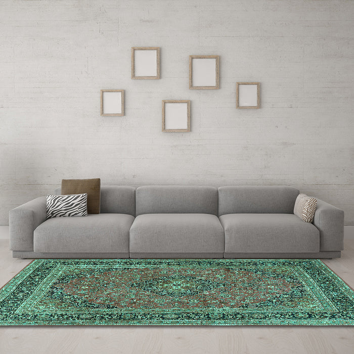 Machine Washable Medallion Turquoise Traditional Area Rugs in a Living Room,, wshtr3688turq