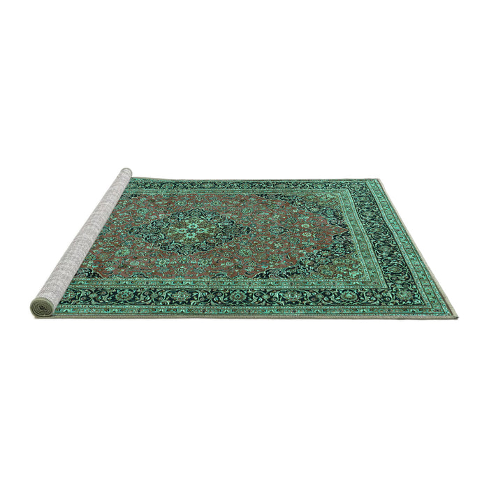 Sideview of Machine Washable Medallion Turquoise Traditional Area Rugs, wshtr3688turq