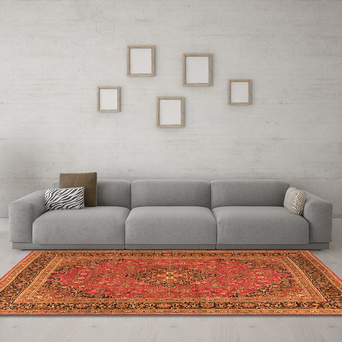 Machine Washable Medallion Orange Traditional Area Rugs in a Living Room, wshtr3688org