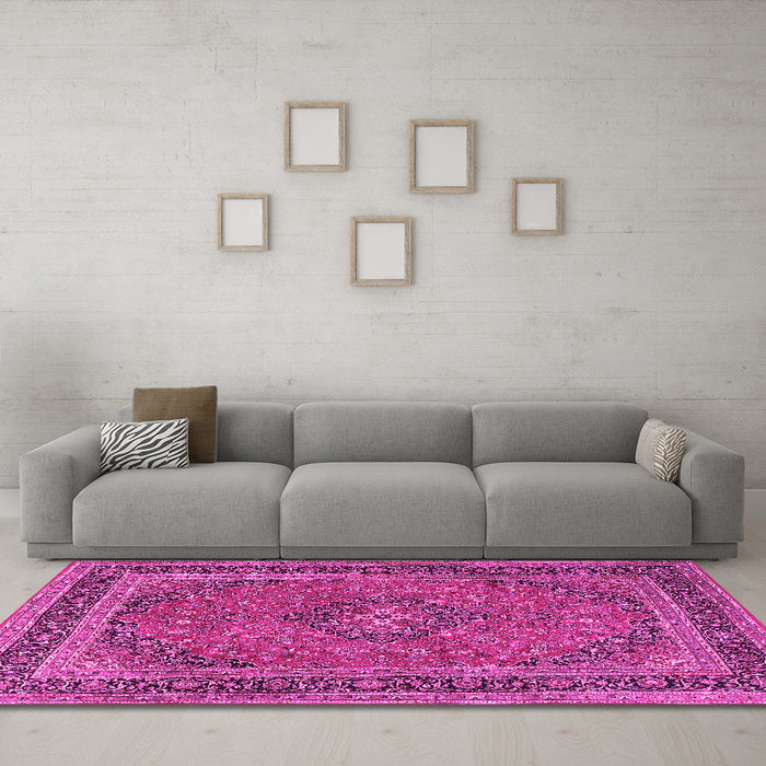 Machine Washable Medallion Pink Traditional Rug in a Living Room, wshtr3688pnk