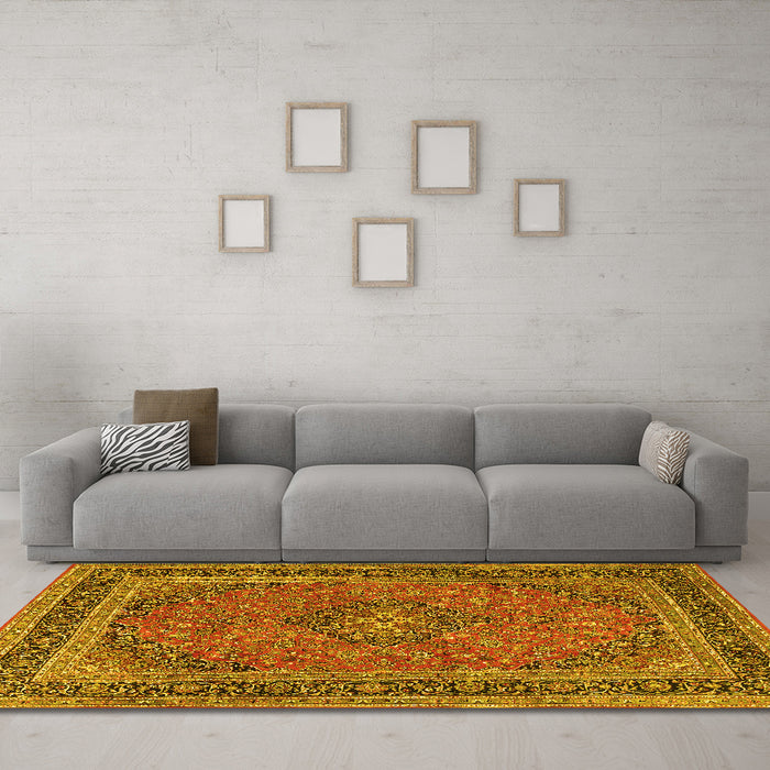 Machine Washable Medallion Yellow Traditional Rug in a Living Room, wshtr3688yw