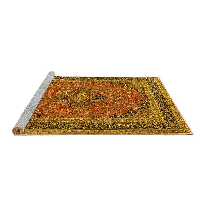 Sideview of Machine Washable Medallion Yellow Traditional Rug, wshtr3688yw