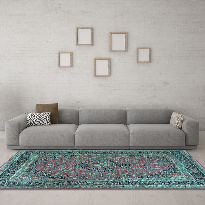Machine Washable Medallion Light Blue Traditional Rug in a Living Room, wshtr3688lblu