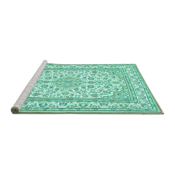 Sideview of Machine Washable Medallion Turquoise Traditional Area Rugs, wshtr368turq