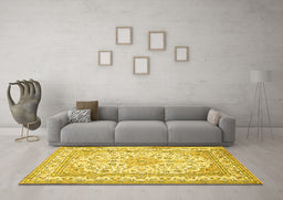 Machine Washable Medallion Yellow Traditional Rug in a Living Room, wshtr368yw