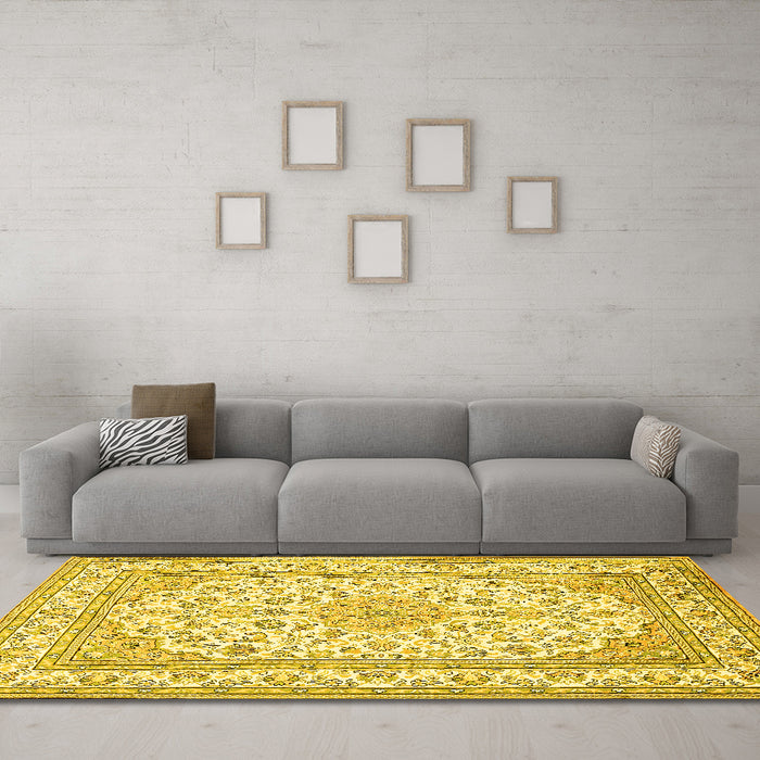 Machine Washable Medallion Yellow Traditional Rug in a Living Room, wshtr368yw