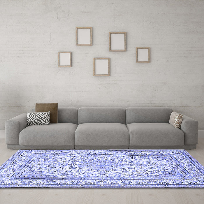Machine Washable Medallion Blue Traditional Rug in a Living Room, wshtr368blu