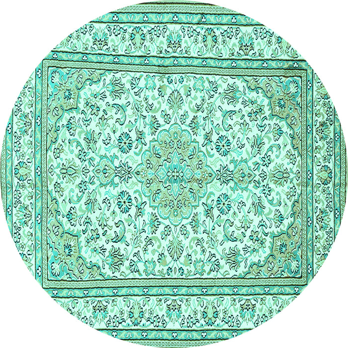 Round Machine Washable Medallion Turquoise Traditional Area Rugs, wshtr368turq